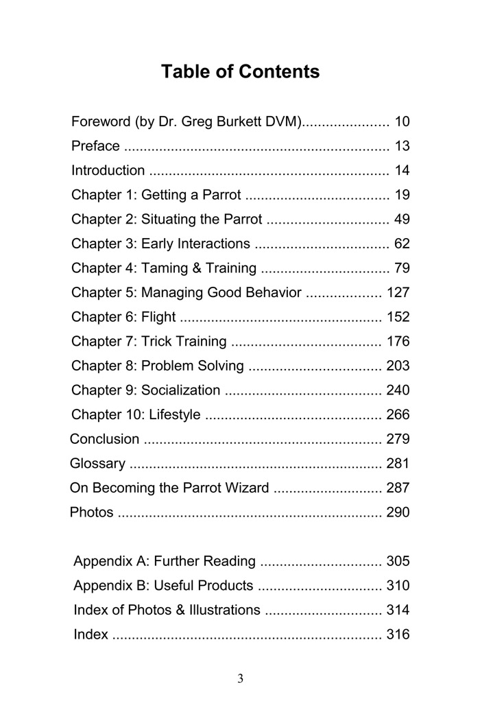 Parrot Wizard Table of Contents