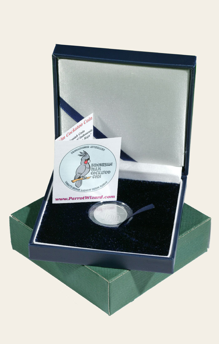 Palm Cockatoo coin, box, and certificate